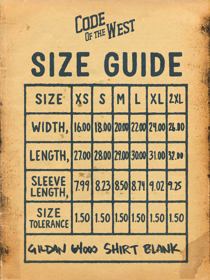Spirit of ’76 Gildan 64000 size chart with shirt width, length, and sleeve measurements