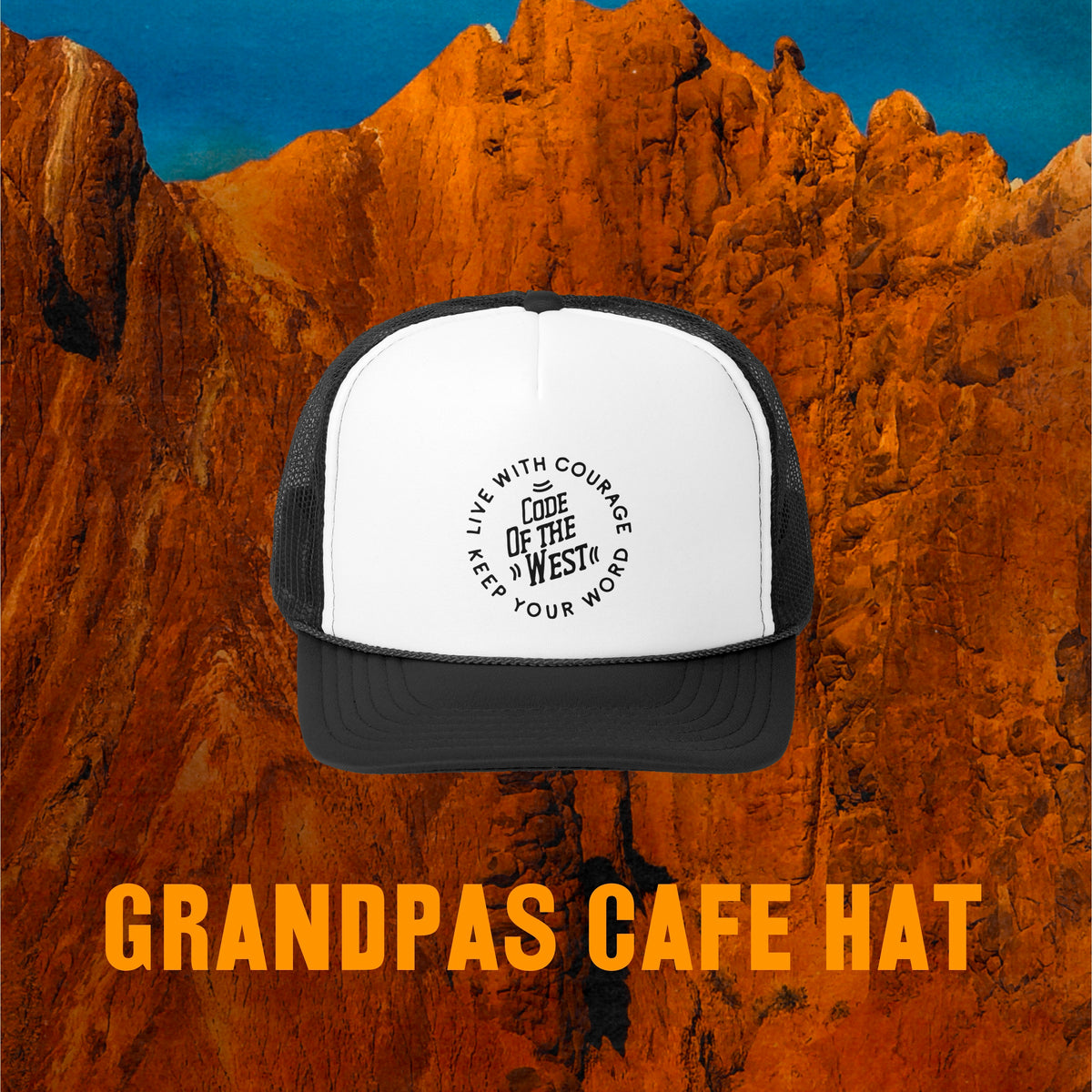 Grandpa’s Cafe trucker hat in black with white front and circular Code of the West logo