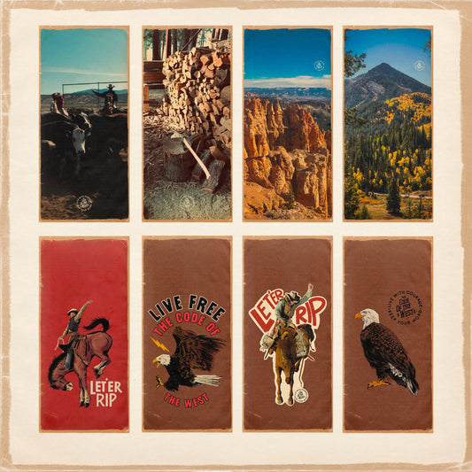 Eight previews from the COTW iPhone wallpaper pack, including western landscapes and cowboy artwork