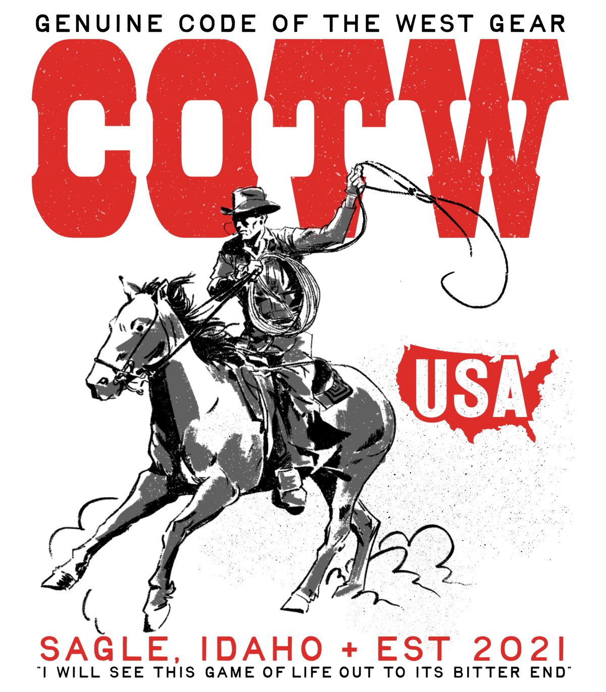 Western Grit artwork with red COTW lettering, a mounted cowboy, and Sagle, Idaho text