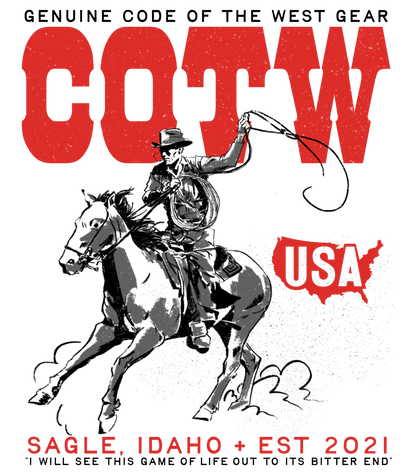 Western Grit artwork with red COTW lettering, a mounted cowboy, and Sagle, Idaho text