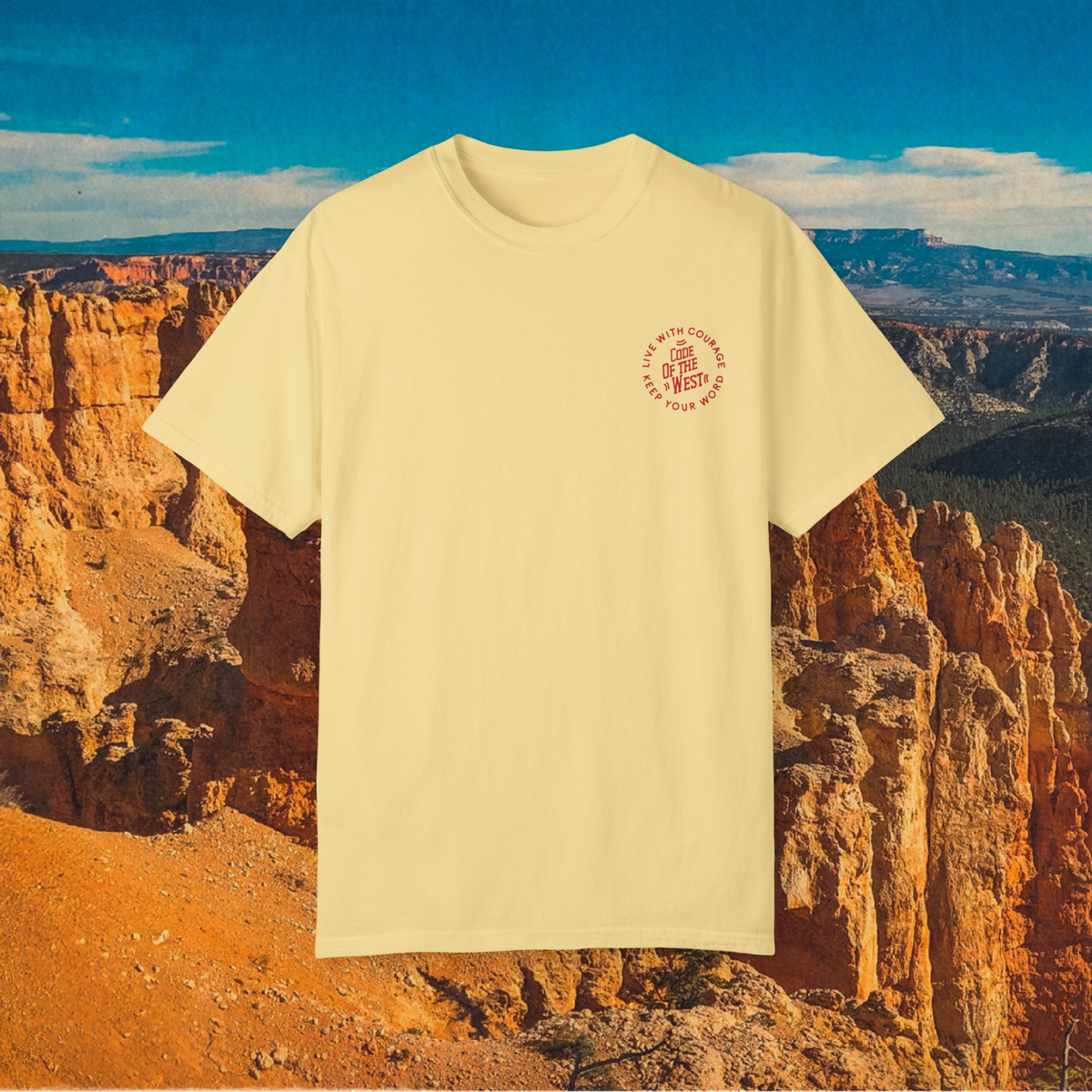 Yellow Crazy shirt showing its small red circular chest mark