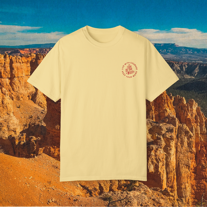 Yellow Crazy shirt showing its small red circular chest mark
