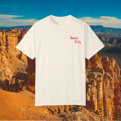 Natural Have Pity on a Dinosaur shirt showing its small red chest graphic