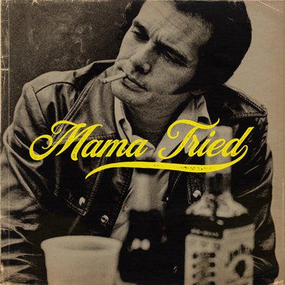 Black-and-white portrait beside a coffee cup with yellow Mama Tried lettering