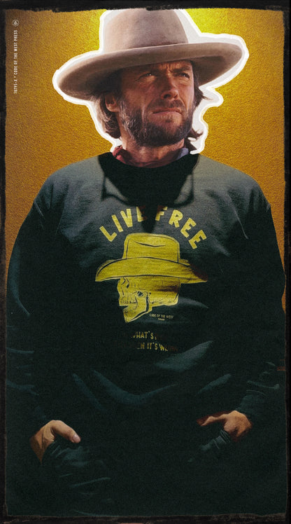 Man in a cowboy hat wearing the black Do What’s Right sweatshirt