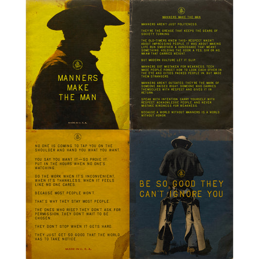 Four printable pages pairing Manners Make the Man and Be So Good They Can’t Ignore You illustrations with written reflections