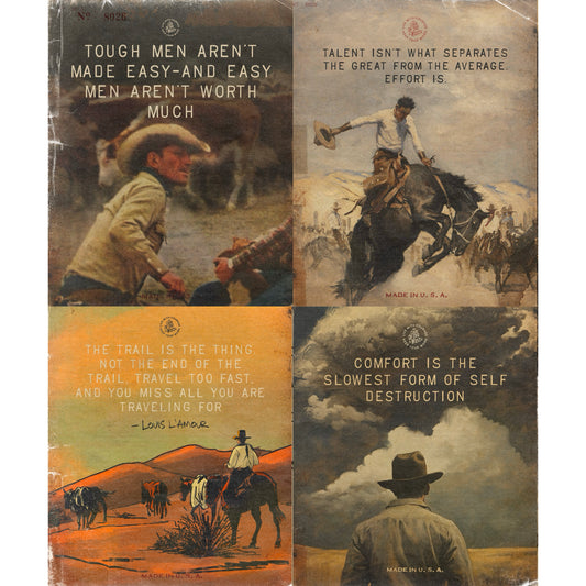 Western Digital Print Set No. 1 showing four illustrated designs about comfort, effort, resilience and the trail