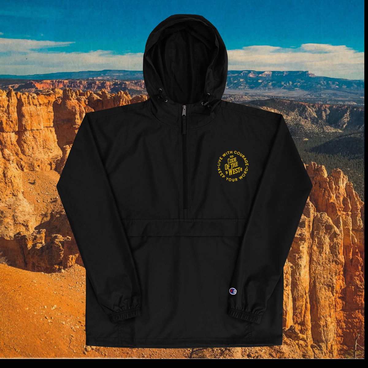 COTW packable hooded jacket in black with a small circular chest logo