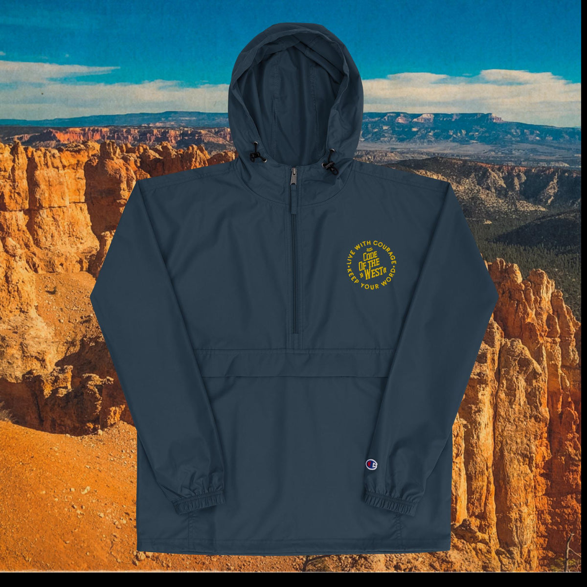 COTW packable hooded jacket in navy with a small circular chest logo
