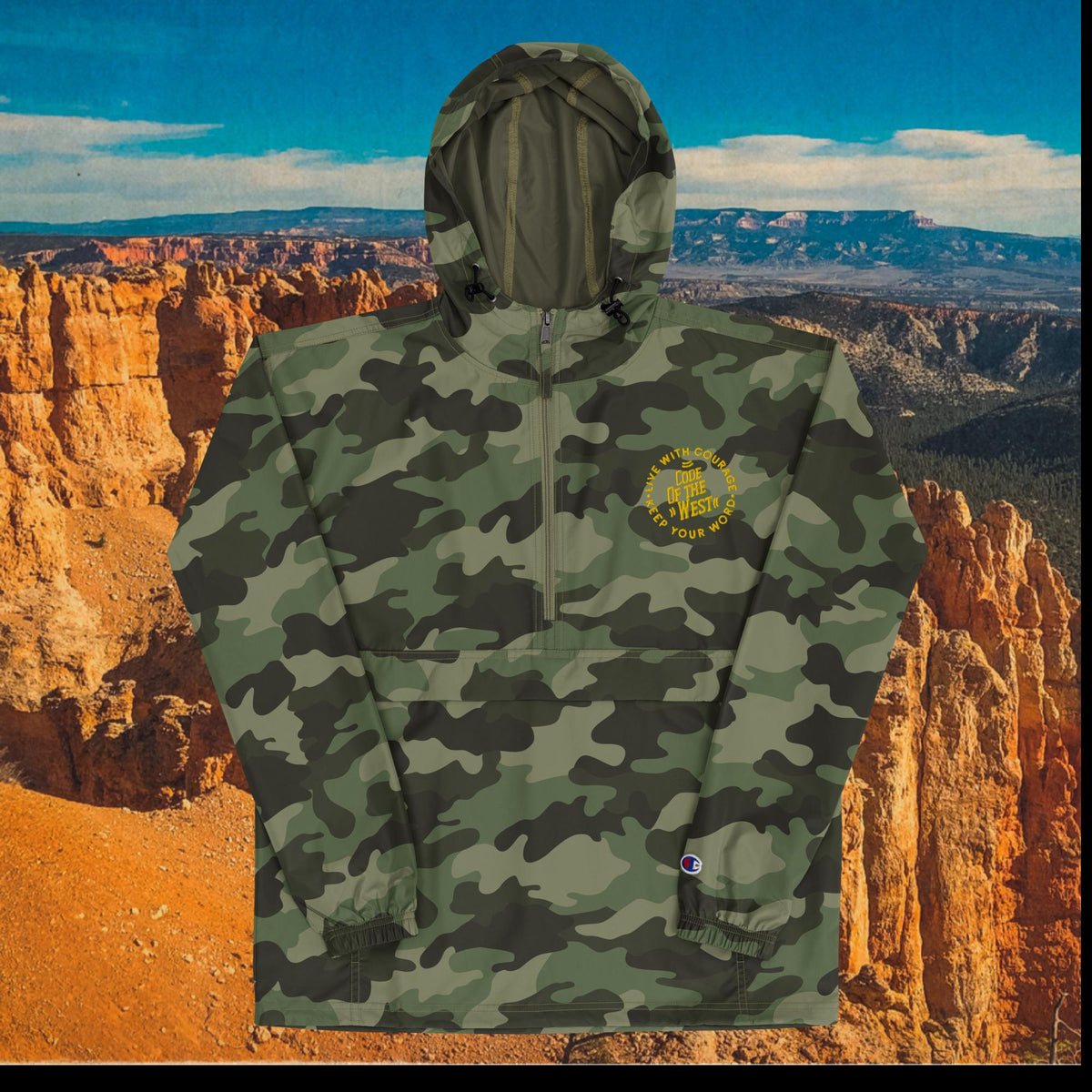 COTW packable hooded jacket in olive camouflage with a small circular chest logo