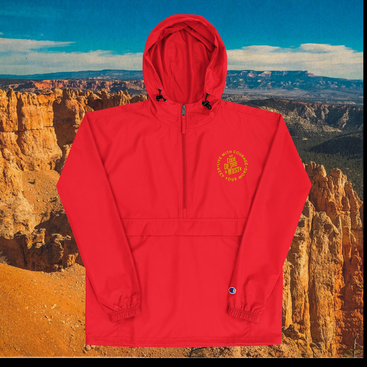 COTW packable hooded jacket in red with a small circular chest logo
