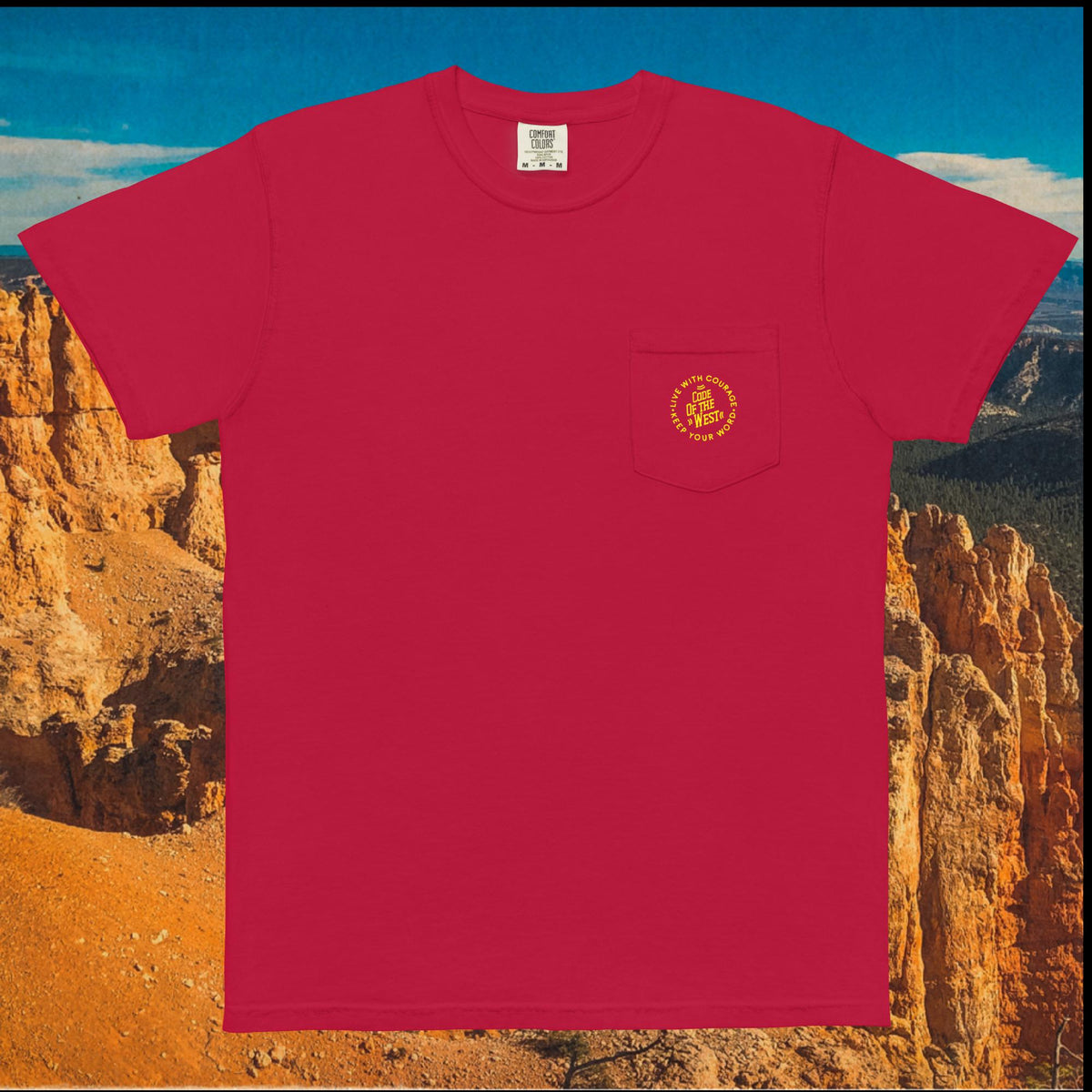 Red Dad’s Pocket Tee with a small gold COTW mark on the chest pocket