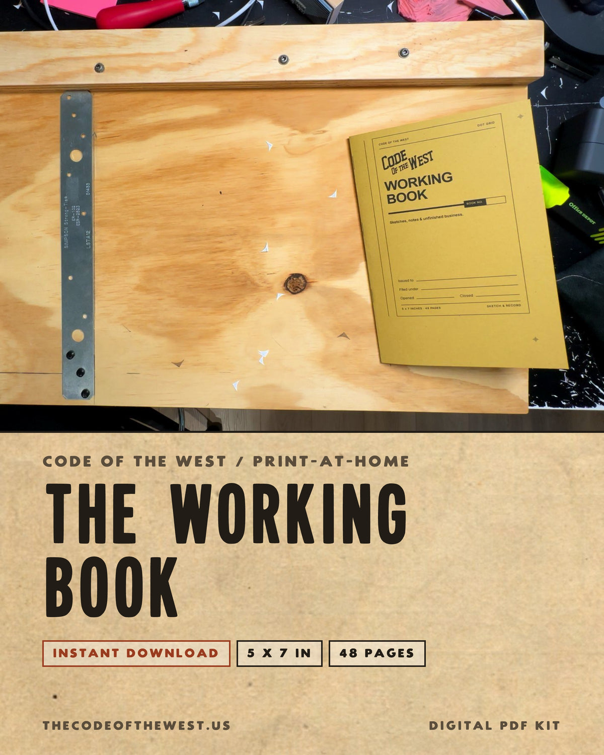 Finished kraft Working Book on a wooden workbench; print-at-home 5 × 7 notebook PDF kit