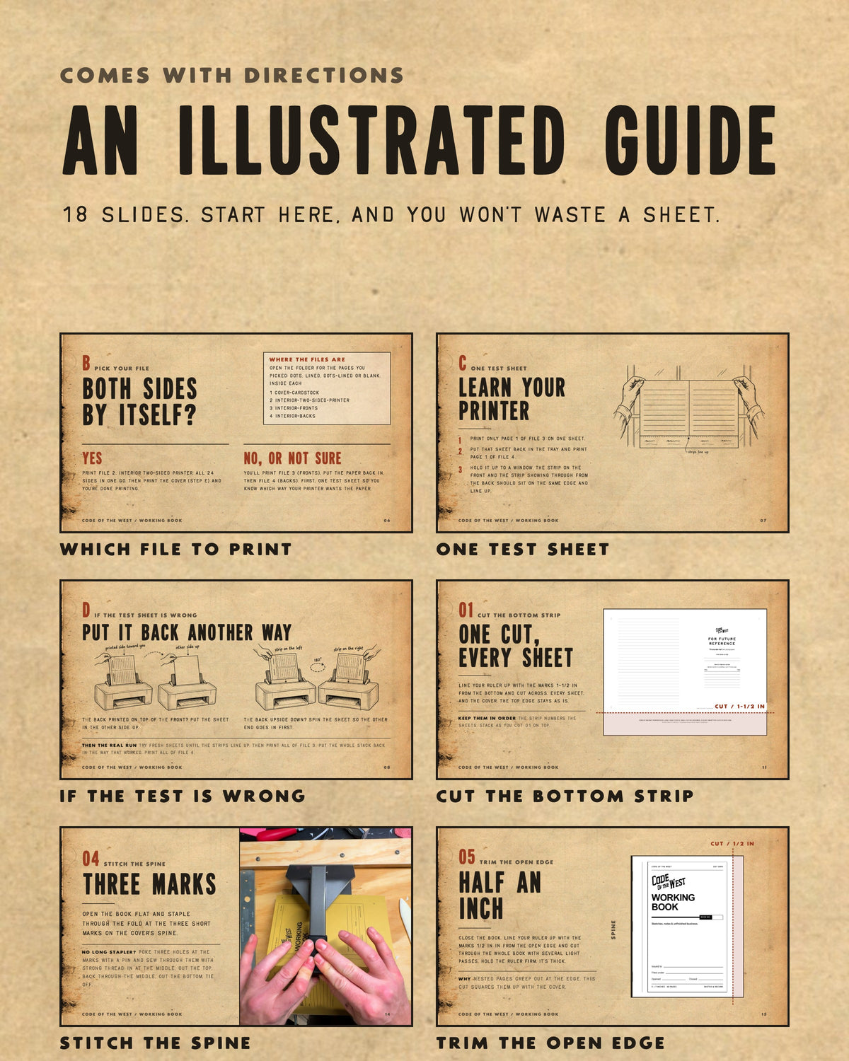 Illustrated Working Book guide with step-by-step notebook printing and assembly instructions