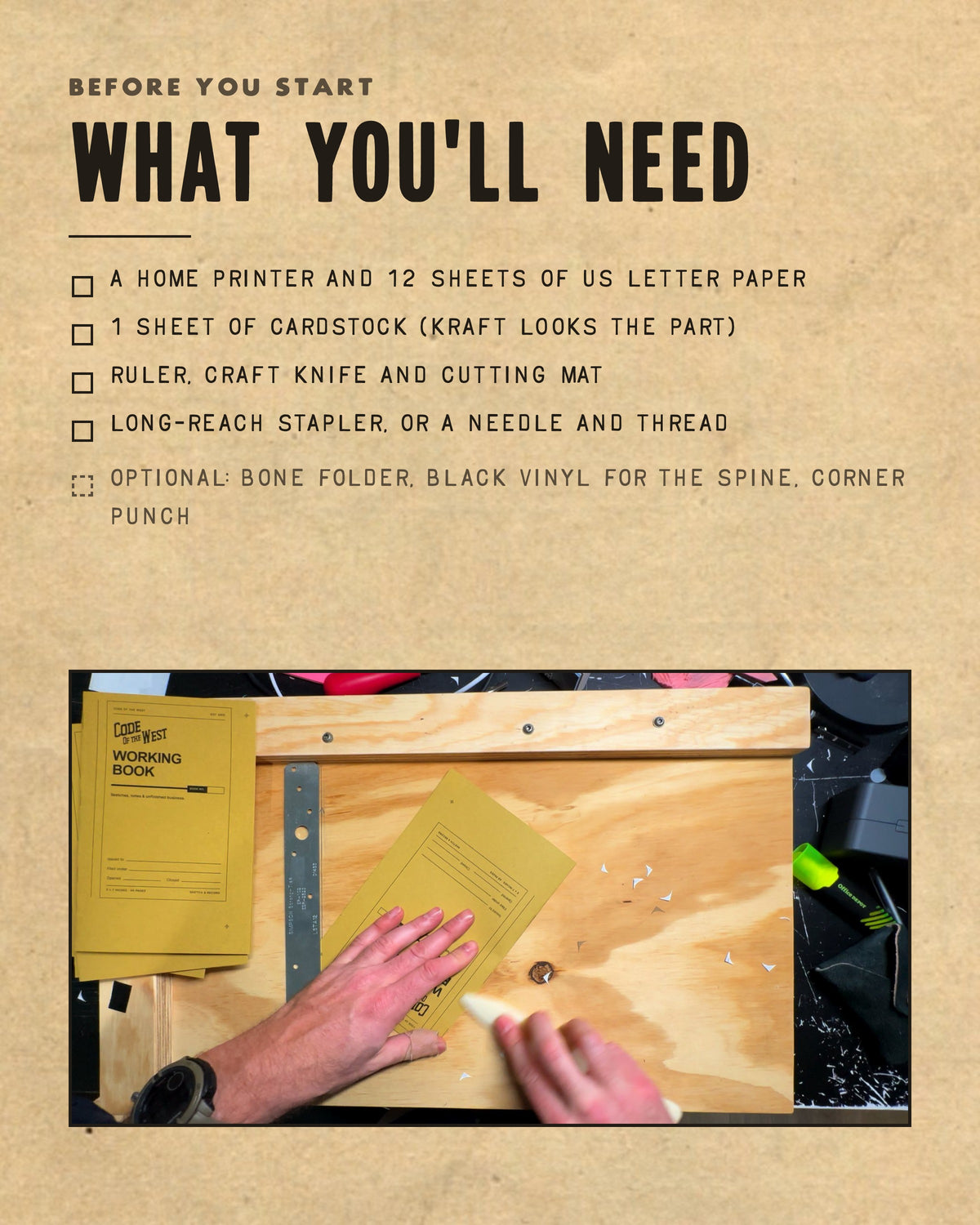 Supplies for making the Working Book: printer, US Letter paper, cardstock, cutting and binding tools
