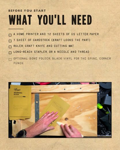 Supplies for making the Working Book: printer, US Letter paper, cardstock, cutting and binding tools