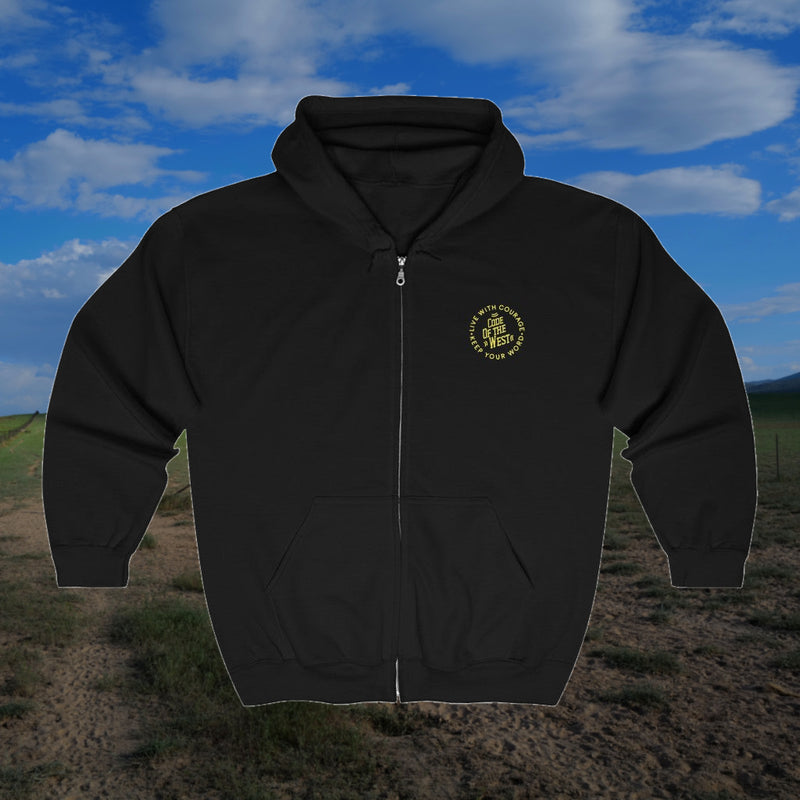 Front of the black Code of the West full-zip hoodie with a small chest logo