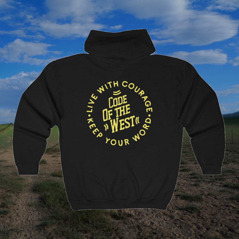 Back of the black Code of the West full-zip hoodie with a large circular COTW logo