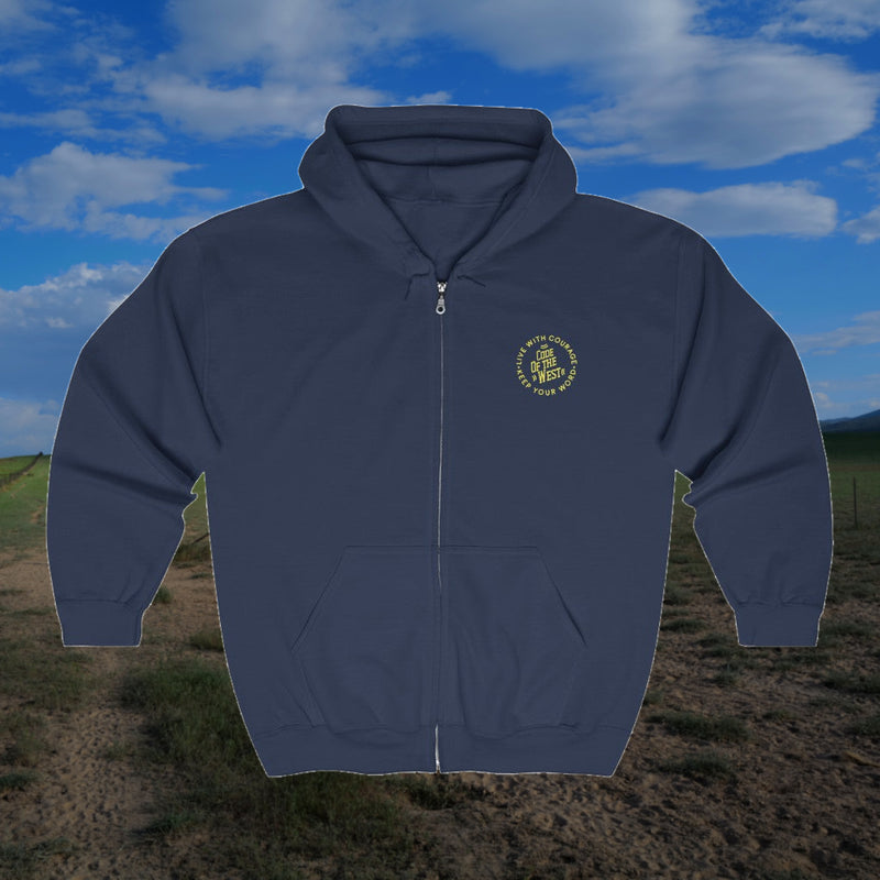 Front of the navy Code of the West full-zip hoodie with a small chest logo