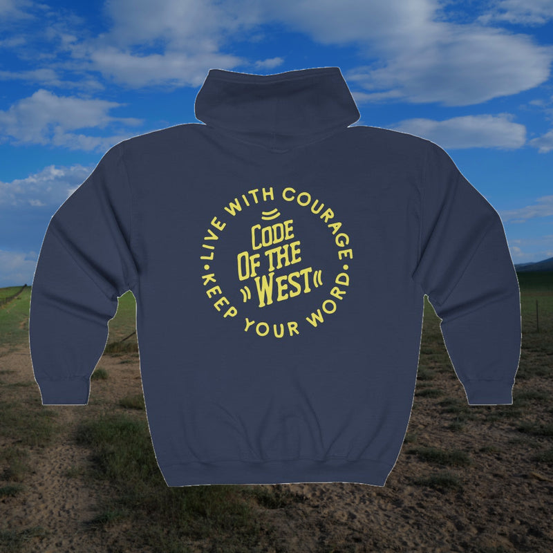 Back of the navy Code of the West full-zip hoodie with a large circular COTW logo