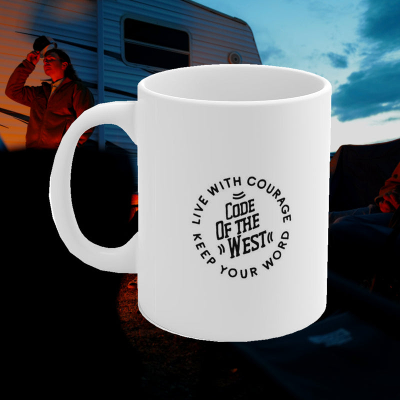 Reverse of the white Save Your Breath mug showing the circular Code of the West logo