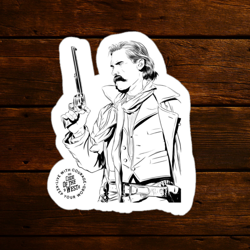 Smoke Wagon die-cut sticker with a black-and-white drawing of a western gunfighter holding a revolver