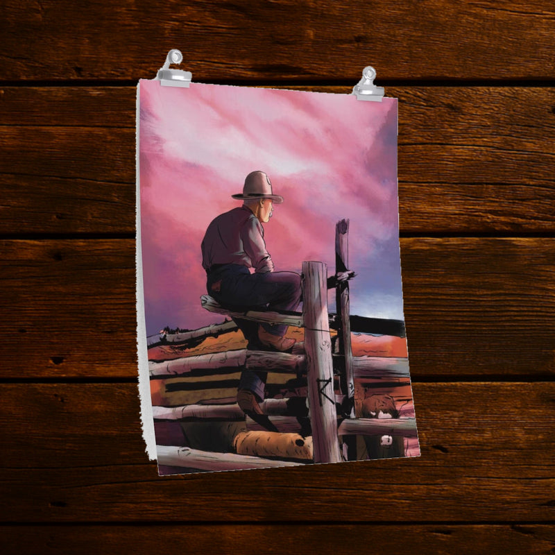 The Good Kind of Tired art print with a seated cowboy on a fence beneath a pink evening sky