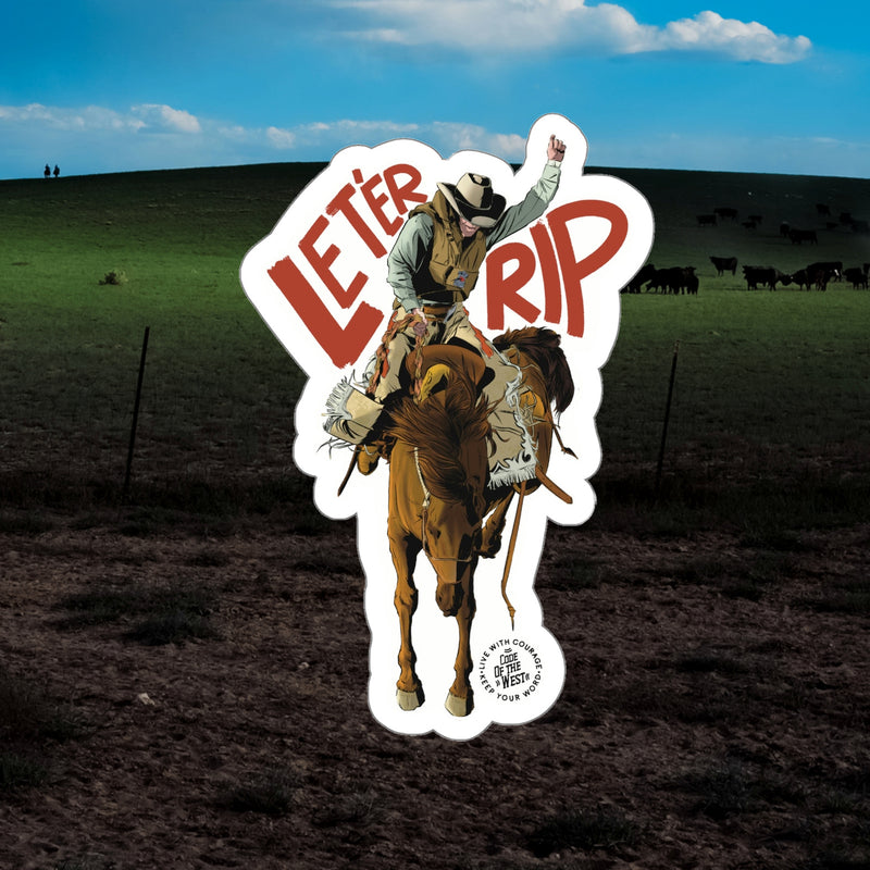 Let ’Er Rip die-cut sticker showing a bucking horse, rider and red lettering