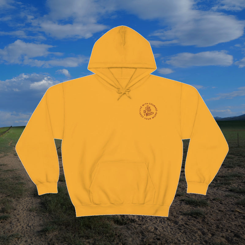 Front of the gold Live Free hoodie with a small circular COTW chest logo