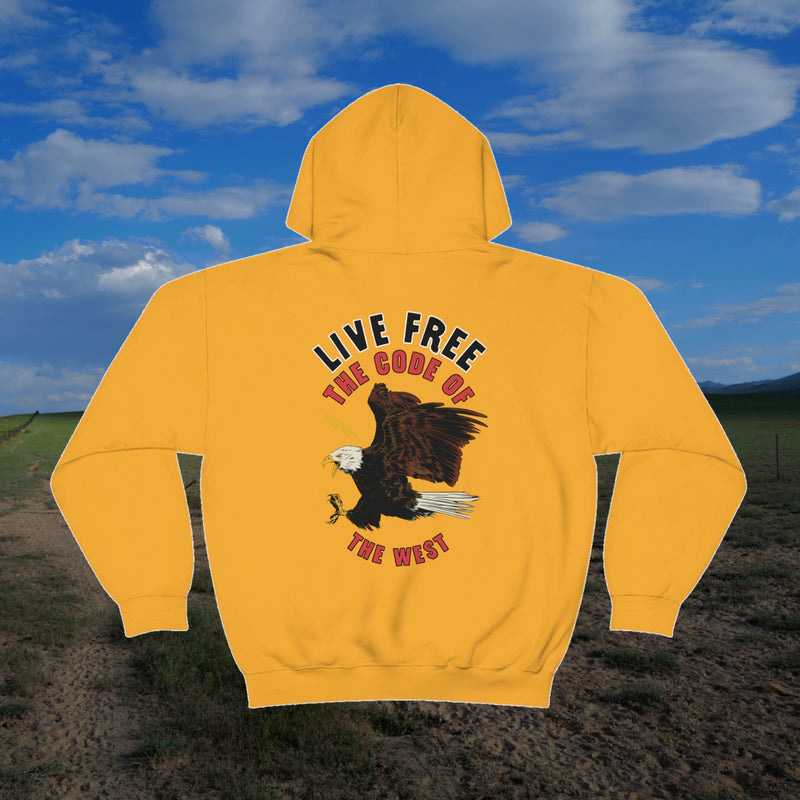 Back of the gold Live Free hoodie with a large eagle graphic