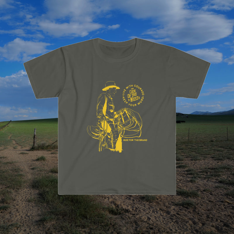 Dark gray Ride for the Brand T-shirt with a gold cowboy drawing and Code of the West lettering