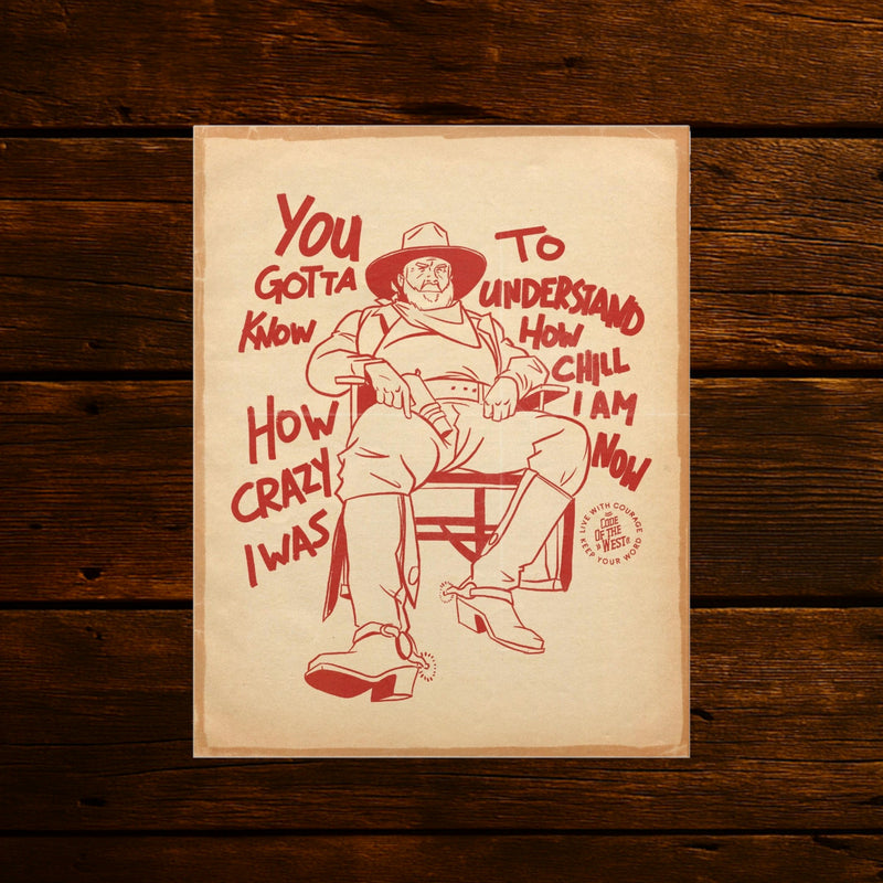You Gotta Know How Crazy I Was print with a red drawing of an older man seated in a chair