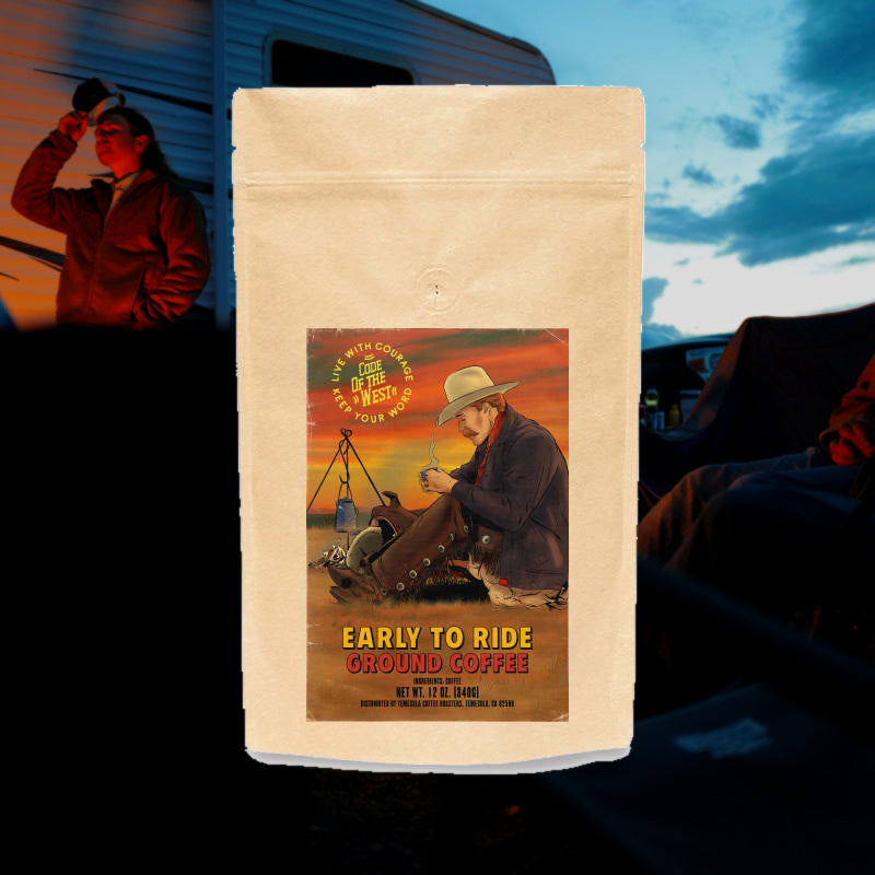 Early to Ride ground coffee bag with cowboy campfire artwork on the label