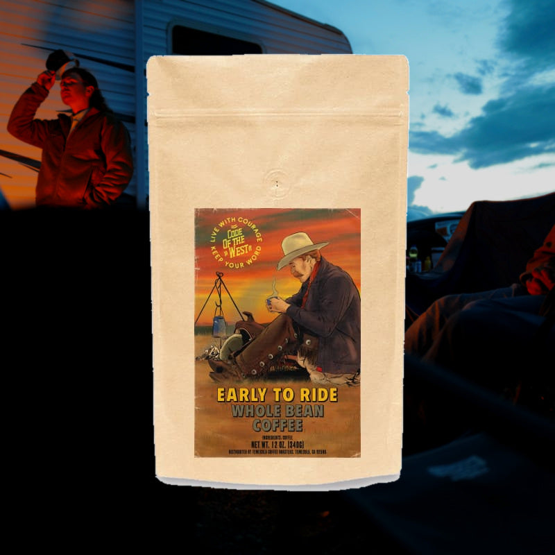 Early to Ride whole-bean coffee bag with cowboy campfire artwork on the label