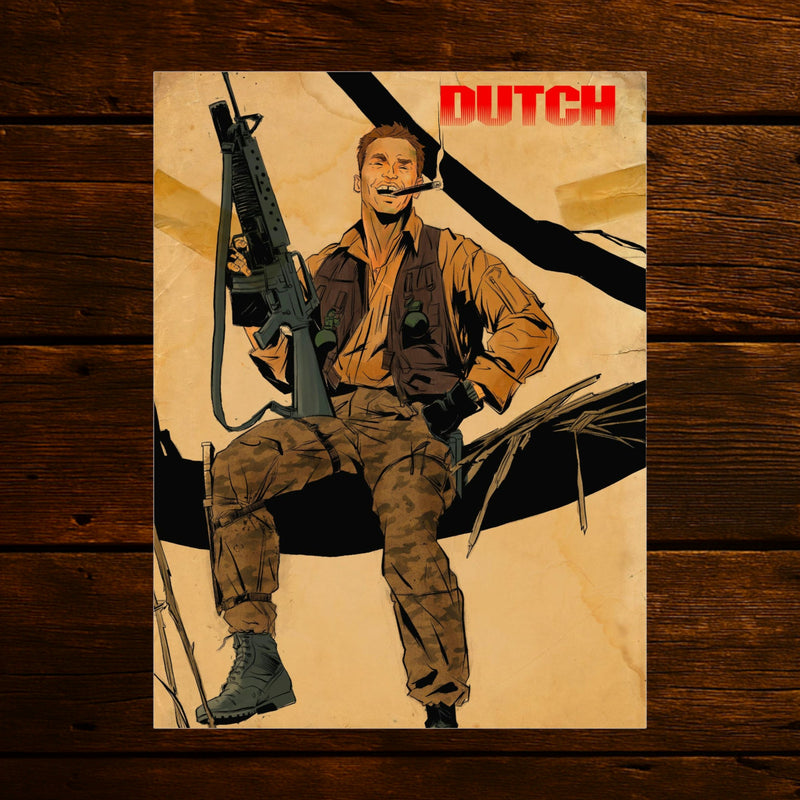 An illustration or poster resembling Arnold Schwarzenegger that’s evocative of his role in the movie Predator.