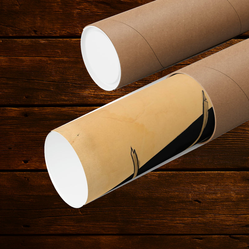 Dutch character art print rolled beside a cardboard mailing tube