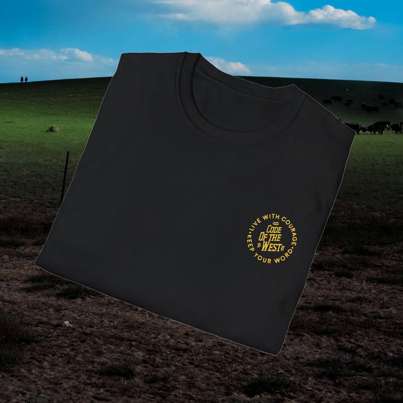 Folded black Bandit Transportation shirt showing its small gold chest mark