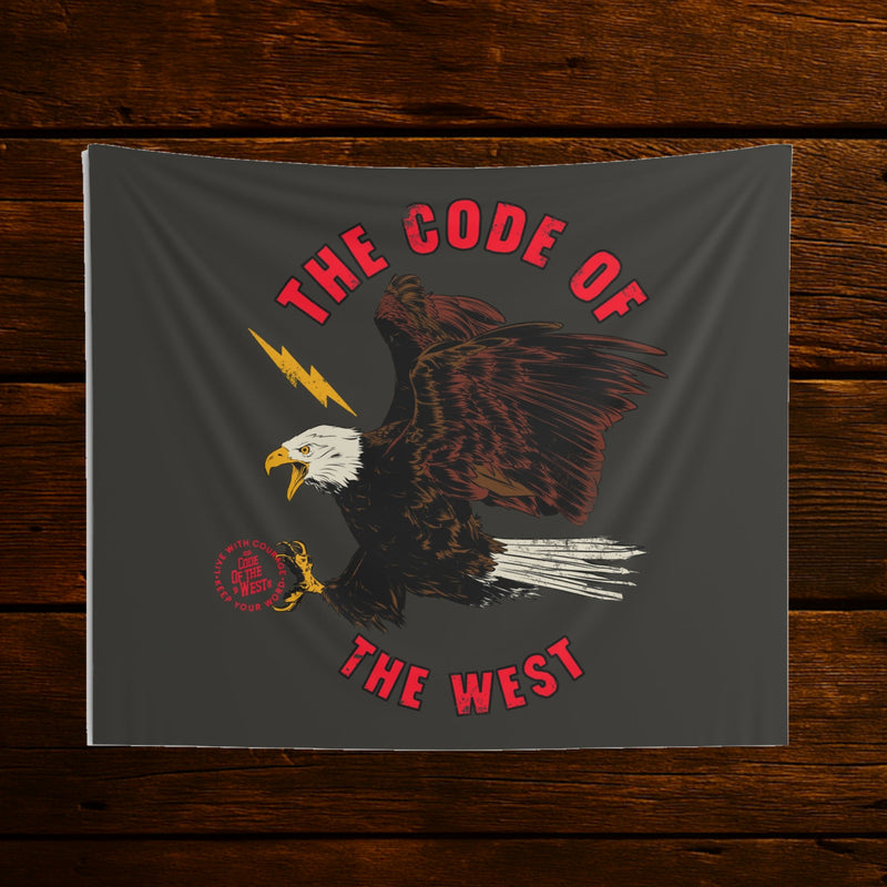 Black Screaming Eagle wall tapestry with red Code of the West lettering and lightning bolts