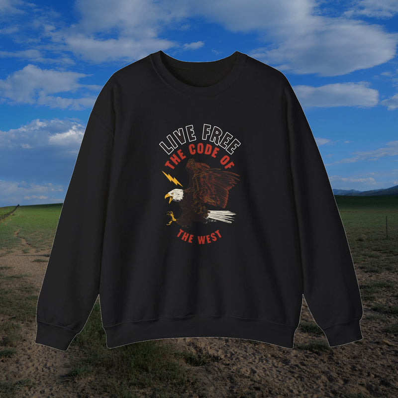 Black Electric Eagle crewneck sweatshirt with eagle artwork and Live Free lettering