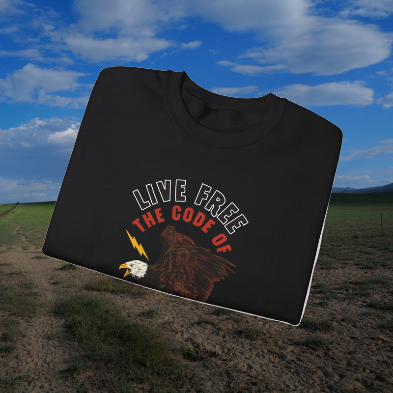 Folded black Electric Eagle sweatshirt showing the chest artwork