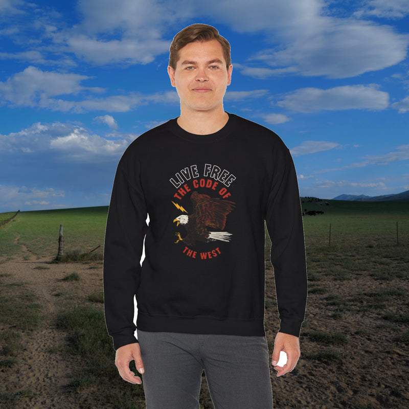 Model wearing the black Electric Eagle crewneck sweatshirt