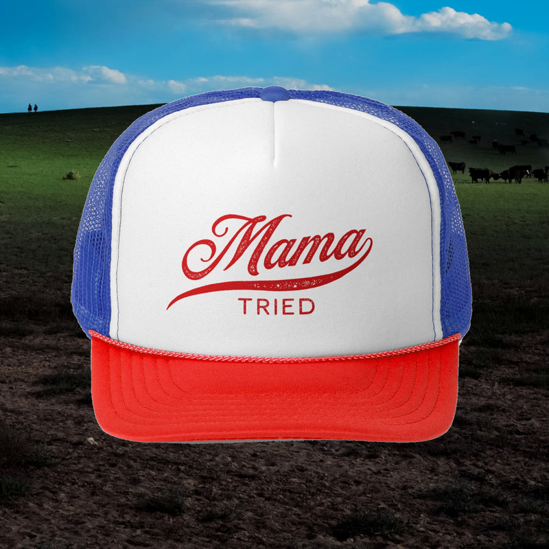 Mama Tried trucker hat in blue and red with white front and red script, front view