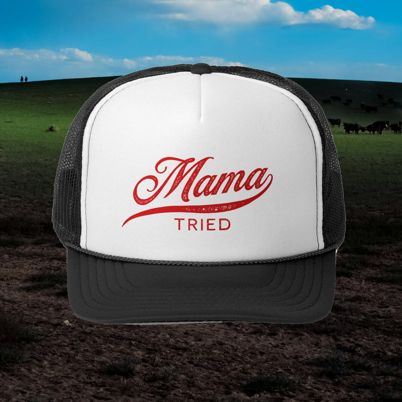 Mama Tried trucker hat in black with white front and red script, front view