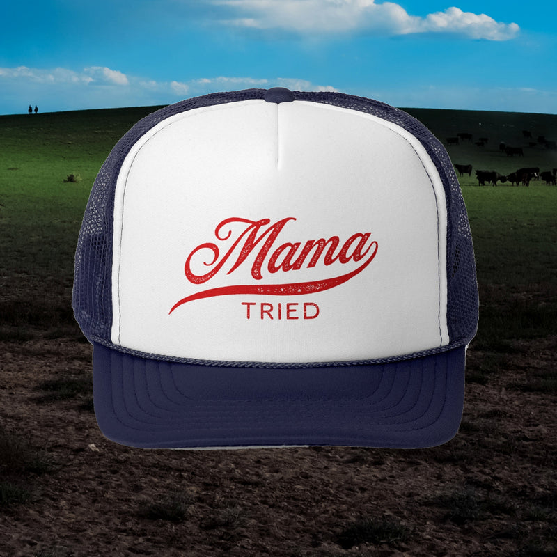 Mama Tried trucker hat in navy with white front and red script, front view