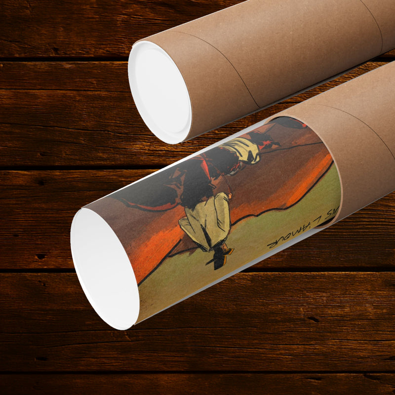 The Trail Is the Thing western art print rolled beside a cardboard mailing tube