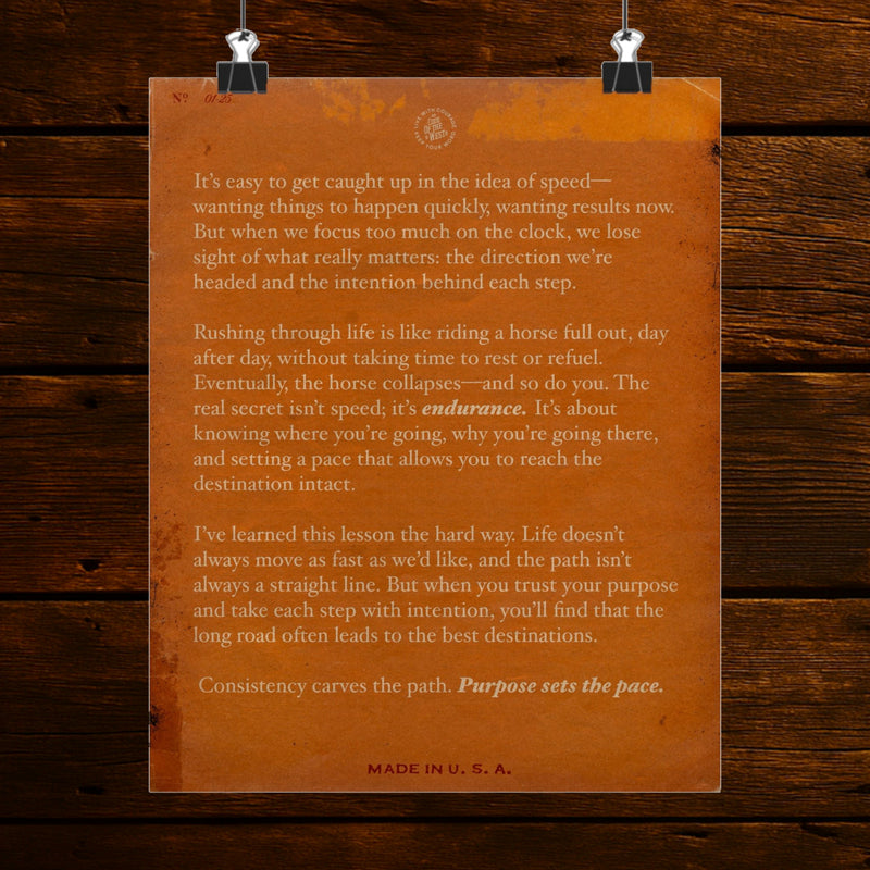 Purpose Sets the Pace written reflection in cream lettering on an ochre background